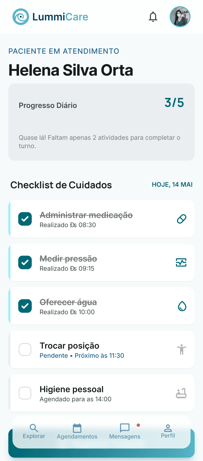 Tela de checklist de cuidados da LummiCare