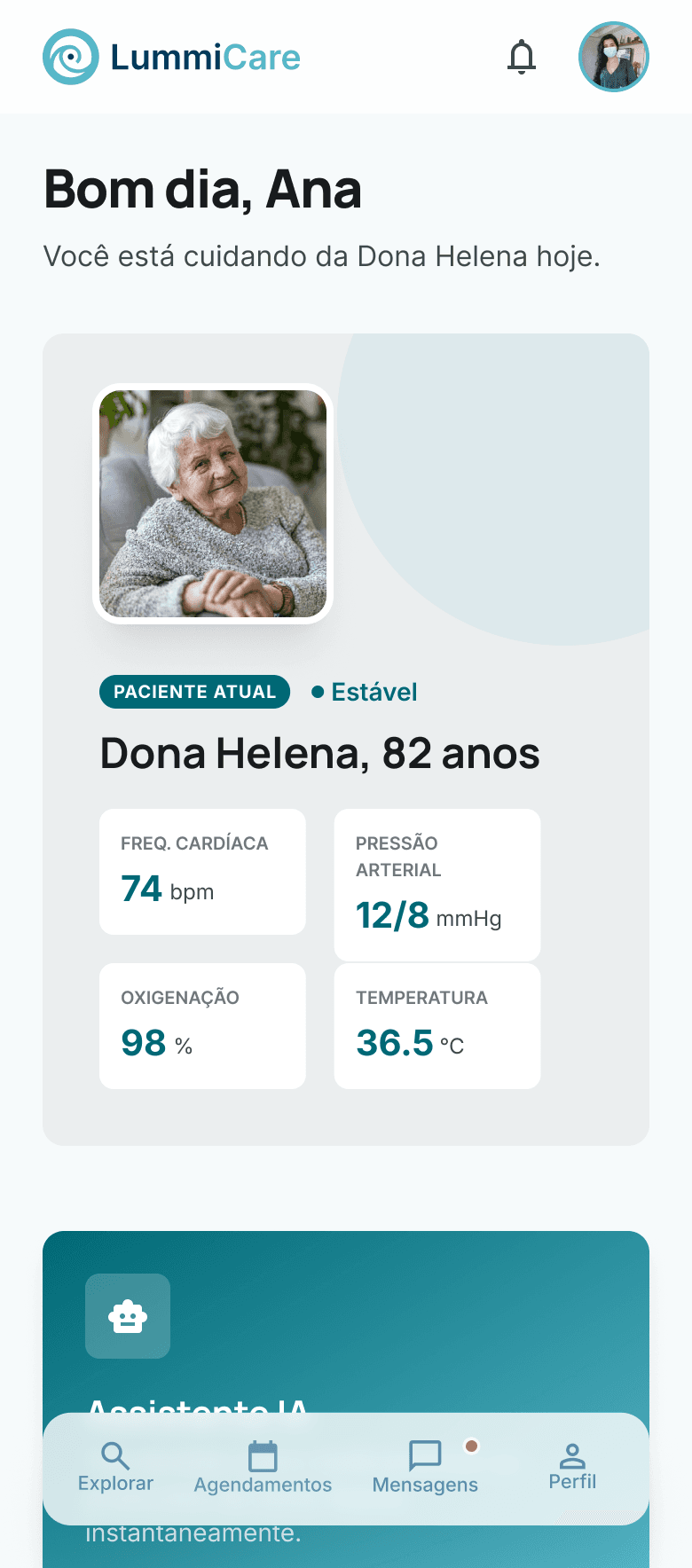 Tela principal do dashboard do cuidador na LummiCare