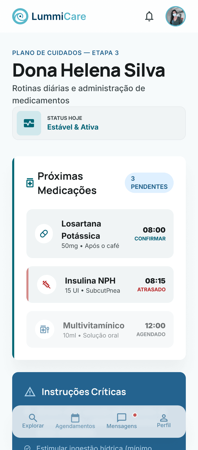 Tela do plano de cuidados na LummiCare