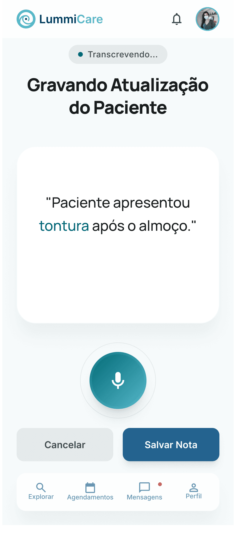 Tela de registro por voz dos cuidados na LummiCare